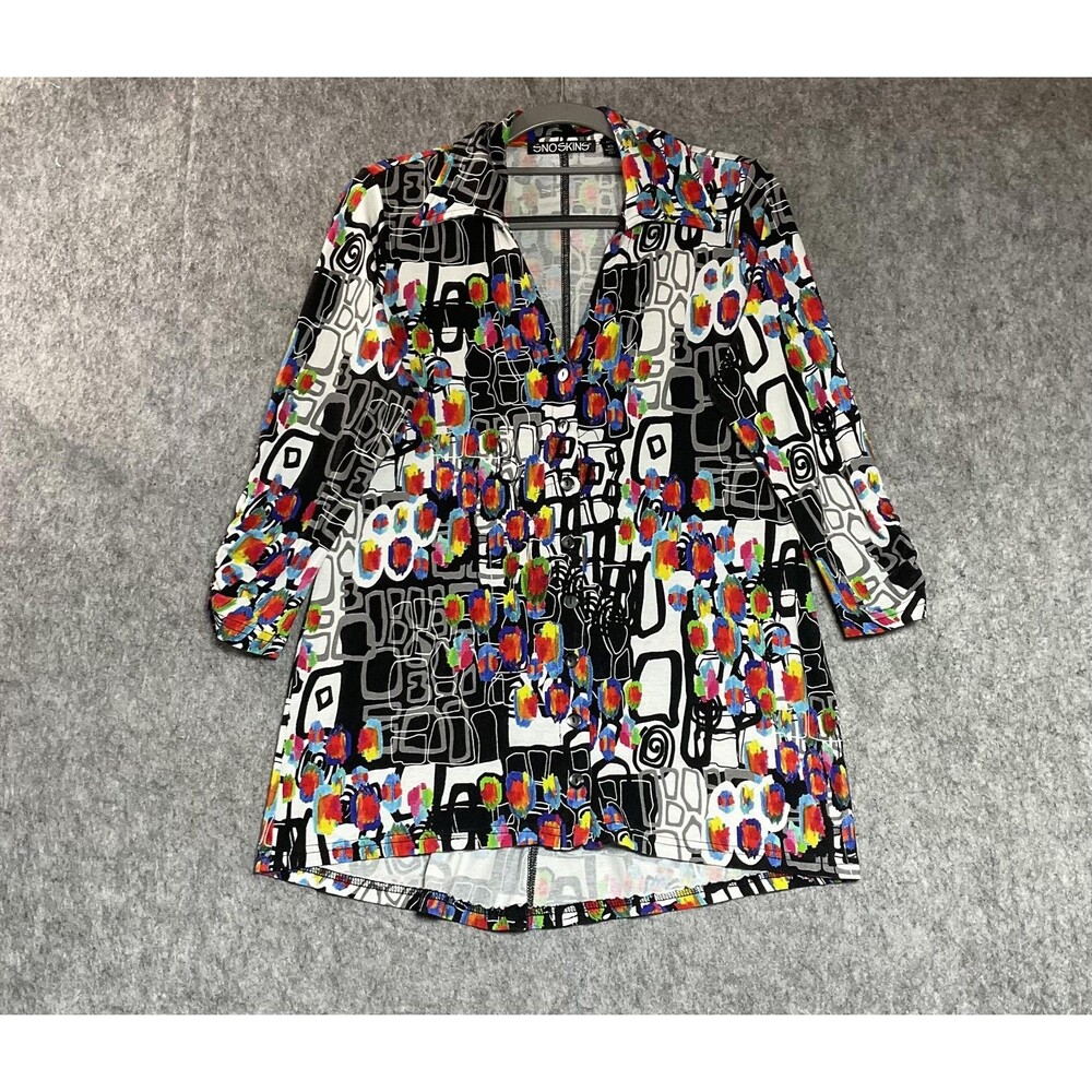 SNOSKINS Shirt Womens XS Multicolor Geometric Tunic 3/4 Sleeve Button-Up USA